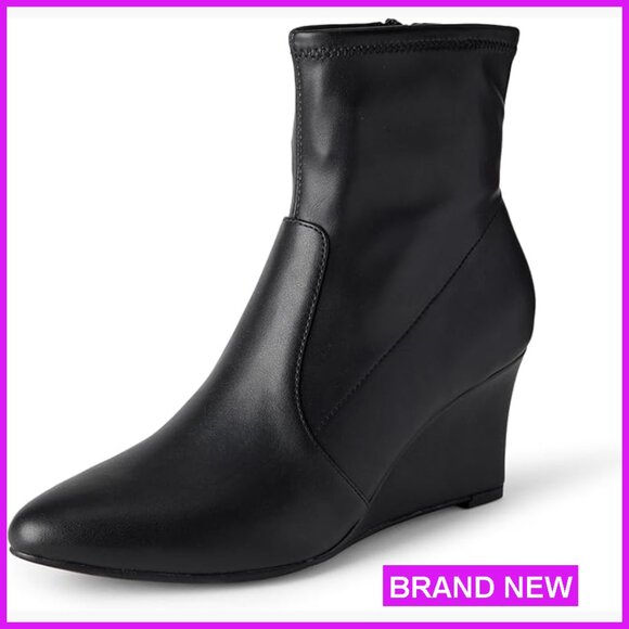 Wedge Ankle Boots Pointed Toe Chic Minimal Stretch Faux Leather Side Zip